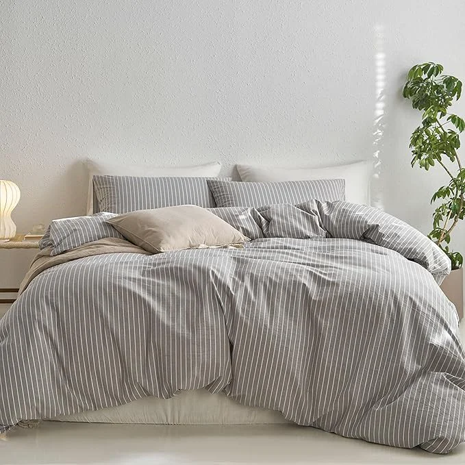 Recyclable MooMee Striped Duvet Cover Set Washed Cotton Linen Like Textured Breathable Durable Soft Comfy Light Grey White Wide Stripes Full 80 quot x90 quot Relaxed