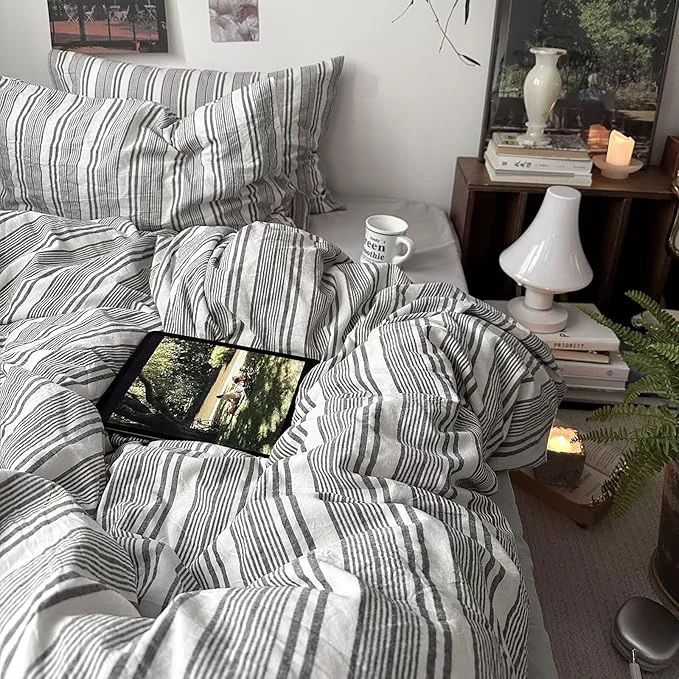 User-Friendly mixinni Vintage Grey amp White Striped Comforter Set Full Size – Soft Washed Cotton 3-Piece Neutral Bedding Set Retro Geometric Pattern All-Season Breathable amp Fluffy for Men Boys Versatile