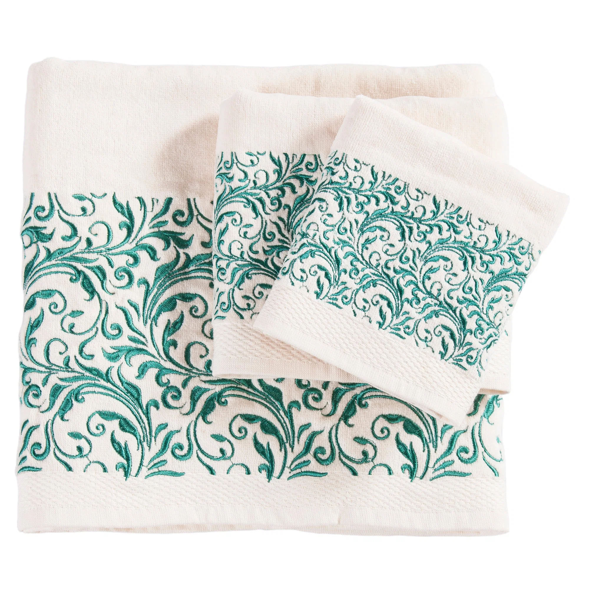 Smooth Wyatt Embroidered Turquoise Scroll Pattern Towel Set Expertly Made