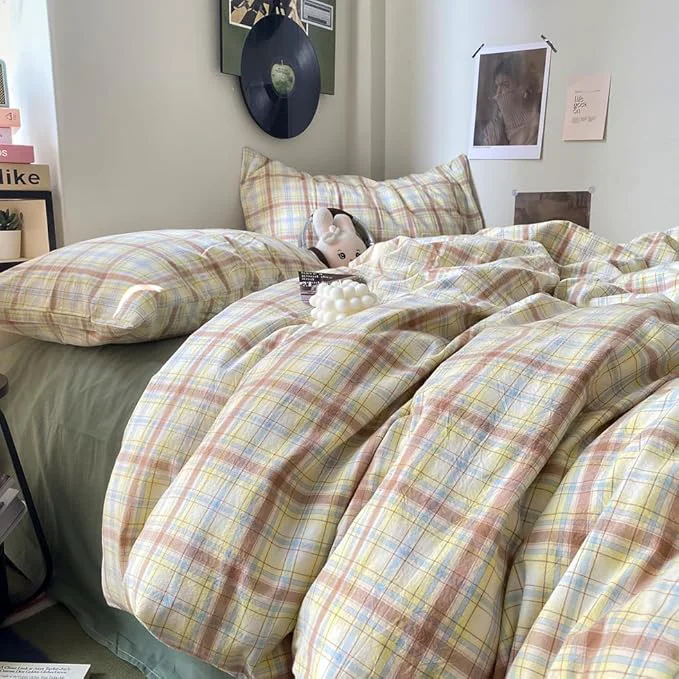First-Class EAVD Vintage Style Buffalo Plaid Duvet Cover Queen Size 3 Pieces Grid Plaid Bedding Set Soft Washed Cotton Aesthetic Gingham Duvet Cover with 2 Pillowcases Colorful Grid Checkered Bedding Set Trusted