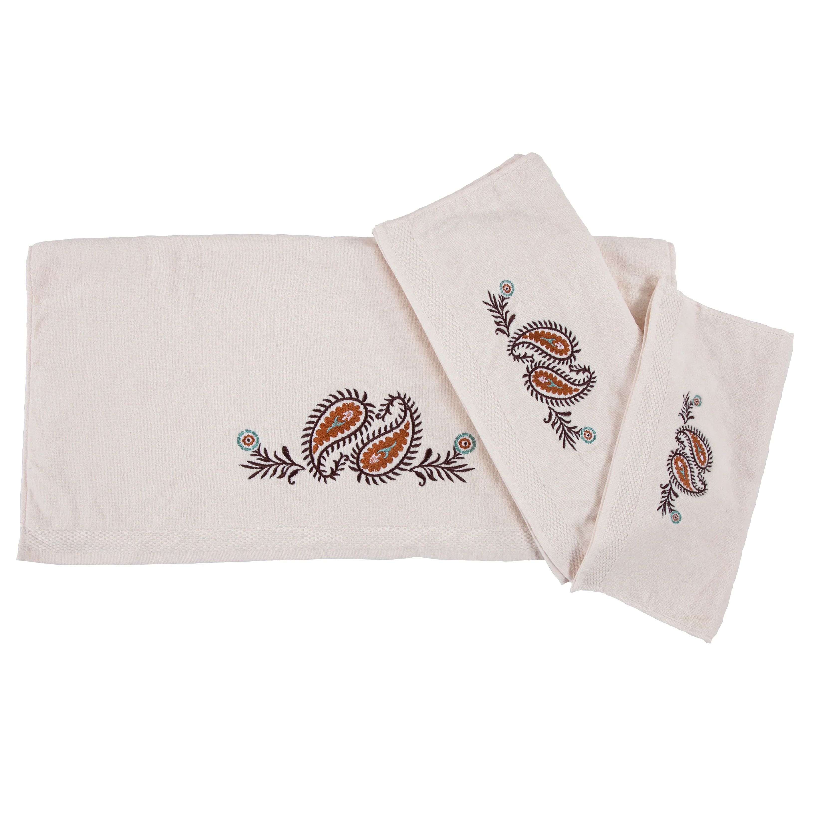 Natural Rebecca Embroidered Western Paisley Towel Set 3 Pc Consistent