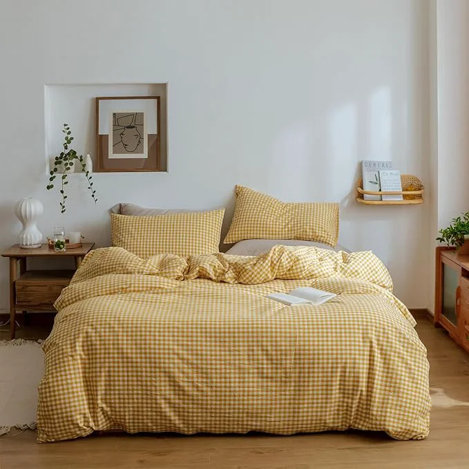 Fast mixinni Yellow Gingham Comforter Set King Plaid Comforter Set 3 Pieces 1 Yellow Grid Comfoter with 2 Pillow Cases for All Seasons Soft Fluffy Modern Grid Pattern Printed Bedding-King Size Carefully Designed