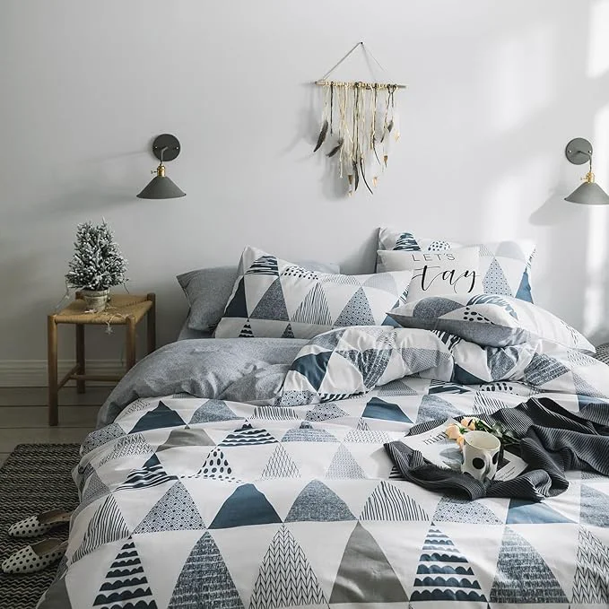 Original Design mixinni Full Comforter Sets Men Modern Style Gray Blue Triangle Bedding for Boys Teen Gilrs Geometric Comforter Bed Fluffy-Full Size Detailed