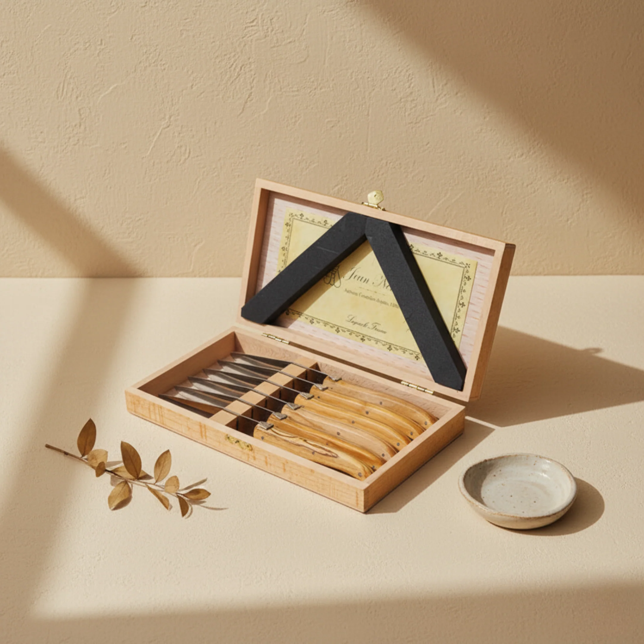 Organic Laguiole 6 Piece Steak Knife Set Olivewood in Wood Presentation Box Original Design
