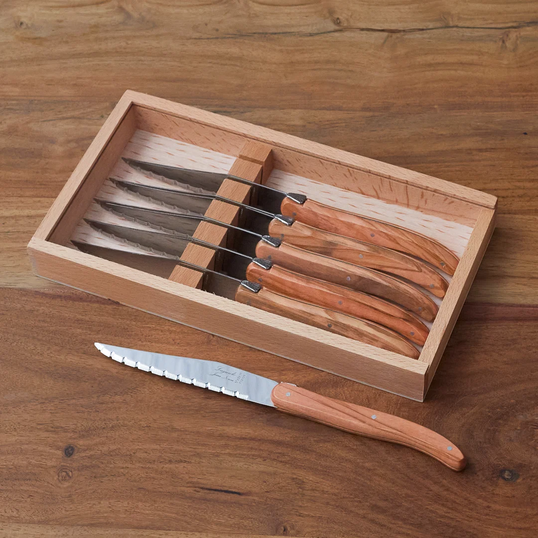Traditional Laguiole 6 Piece Steak Knife Set Olivewood in Wood Box with Acrylic Lid Official