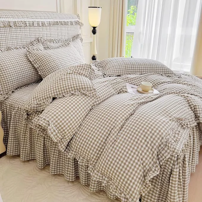 Certified mixinni Vintage Ruffle Tan Gingham Comforter Set 3-Piece Washed Cotton King Beige Grid Bedding Set with Taupe Geometric Checkered Pattern Farmhouse Chic Soft Fluffy Comforter for All-Season Fine