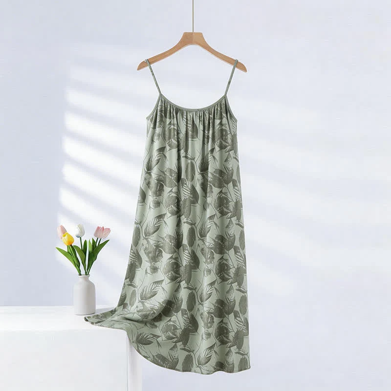 Elegant Ownkoti Artistic Green Leaf Camisole Nightgown Lightweight
