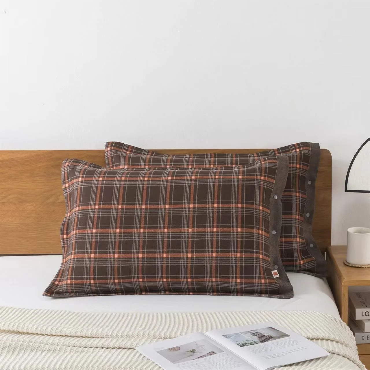 Practical Ownkoti Classic Plaid Button Pure Cotton Pillowcases 2PCS Solid