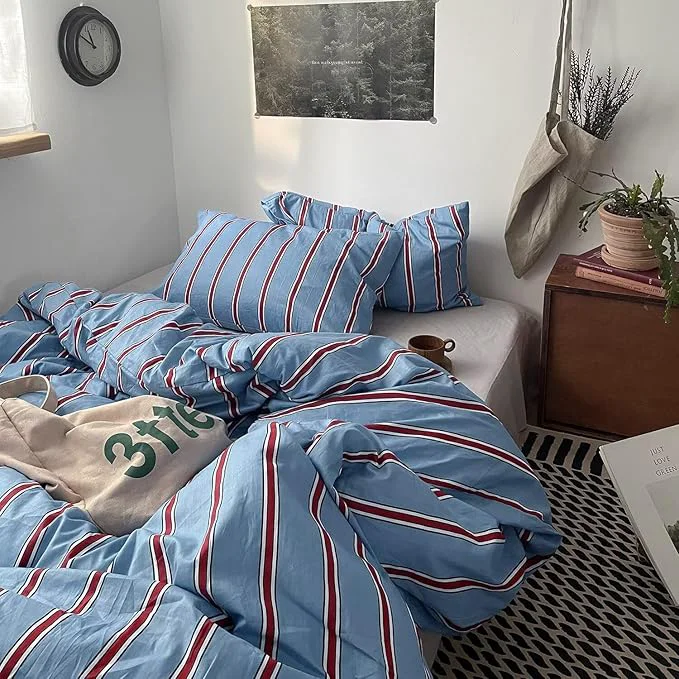 Flexible mixinni Vintage Blue amp Red Striped Comforter Set Twin XL Size – Soft Cotton 3-Piece Bedding Set 1 Comforter 2 Pillowcases Retro Geometric Stripes Pattern All-Season Lightweight amp Breathable Consistent