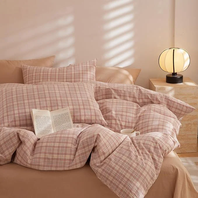 Clean EAVD Pink Gingham Duvet Cover Full Soft Washed Cotton Reversible Grid Plaid Bedding Set with 2 Pillowcases Modern Checkered Grid Duvet Cover with Zipper Farmhouse Gingham Bedding Set for All-Season Relaxed