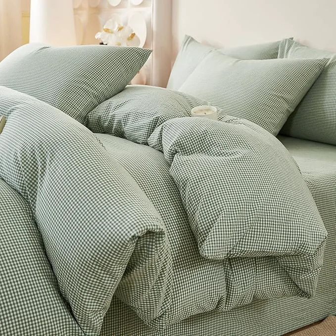 Quality EAVD Sage Green Gingham Duvet Cover King Soft Washed Cotton Modern Green and White Plaid Duvet Cover with 2 Pillowcases Reversible Checkered Plaid Bedding Set with Zipper Closure High-End