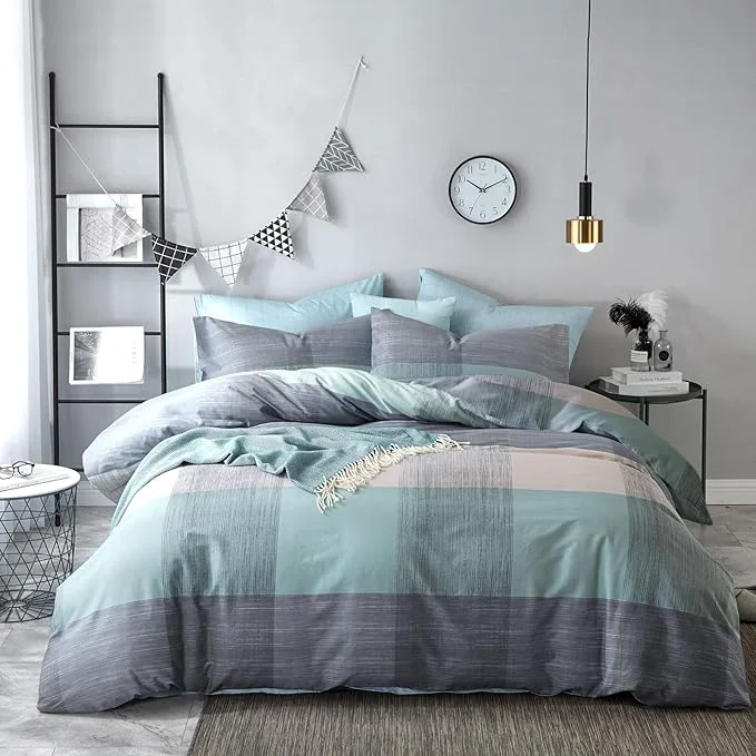 Stylish mixinni Simple Patchwork Print Comforter Set Queen Size Bed Fluffy Blue Mint Green Geometric Pattern Comforter for Boys Women and Men 1 Modern Comforter and 2 Pillowcases for All Season-Queen Size Classic