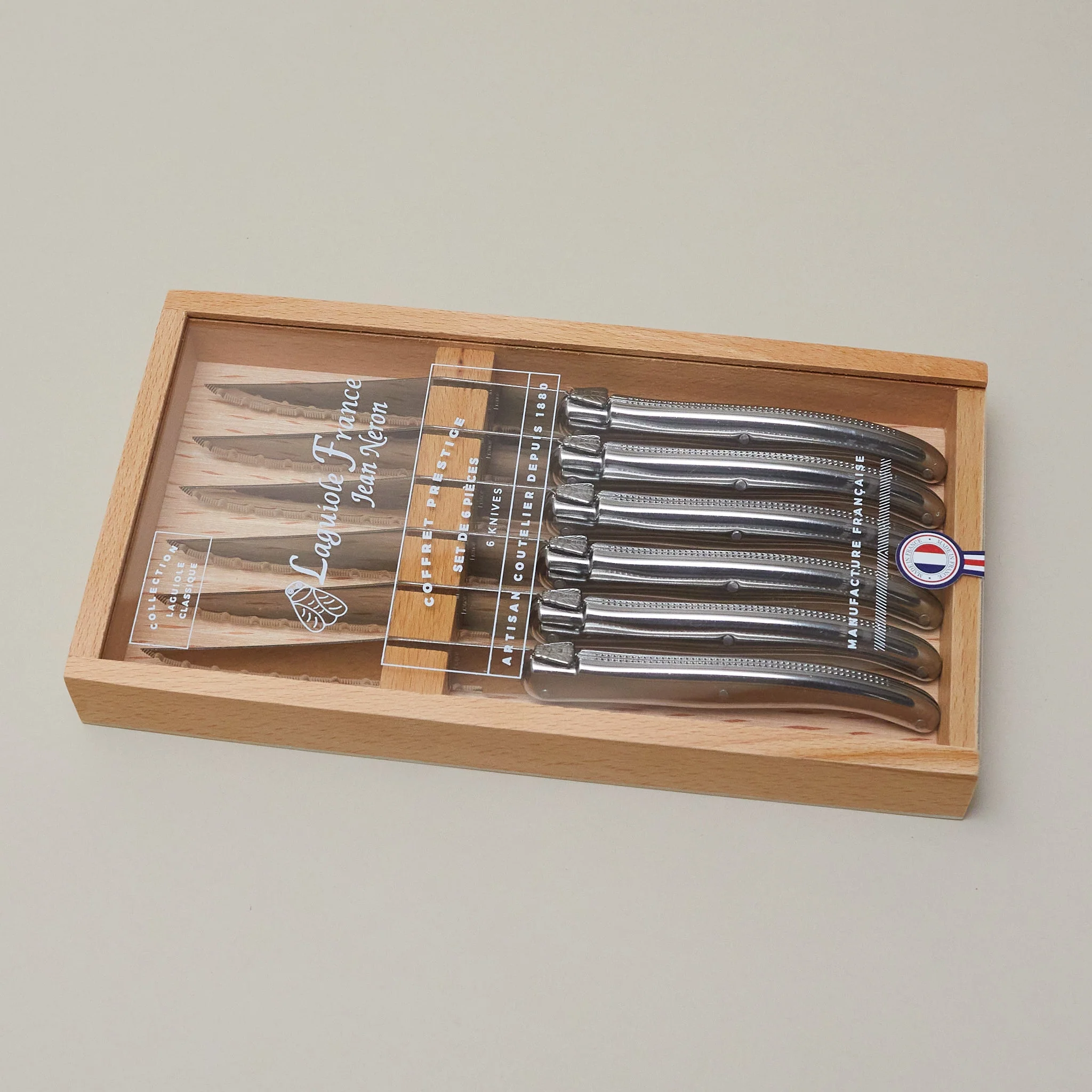 World-Class Laguiole 6 Piece Steak Knife Set Platine Stainless Steel in Wood Box with Acrylic Lid Trusted