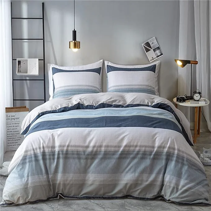 Functional EAVD Cotton Duvet Cover Set Twin White Gray Blue Striped Duvet Cover ModernStyle Geometric Striped Bedding Set for Boys Girls Simple Style Geometric Comforter Cover with Zipper Closure High-Grade