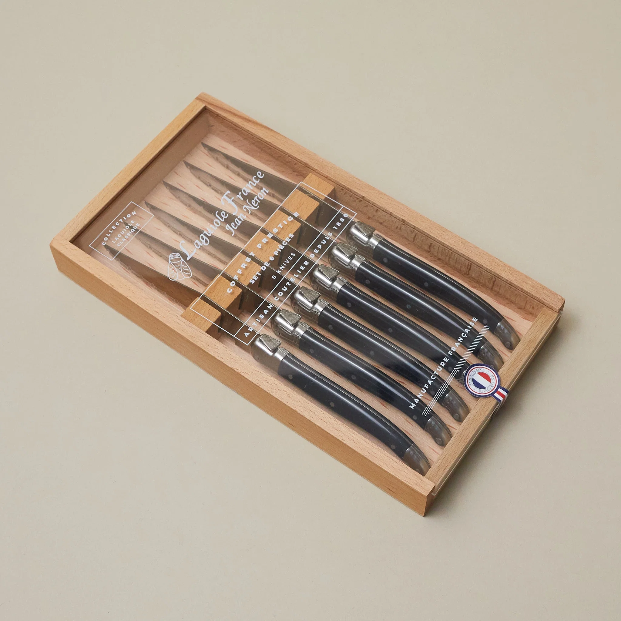 Practical Laguiole 6 Piece Steak Knife Set Black in Wood Box with Acrylic Lid Carefully Designed