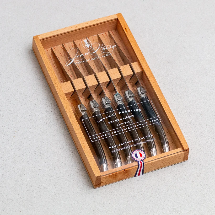 Sustainable Laguiole 6 Piece Steak Knife Set Black Marble in Wood Box with Acrylic Lid Breathable