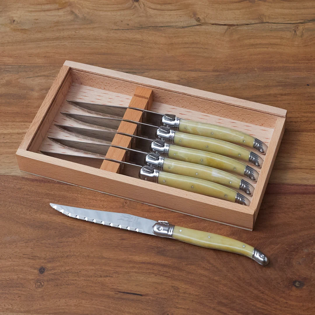 Smooth Laguiole 6 Piece Steak Knife Set Pale Horn in Wood Box with Acrylic Lid Soft