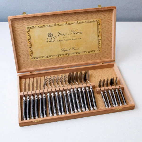 Next-Generation Laguiole 24 Piece Flatware Set Platine Black Marble in Wood Presentation Box Exclusive