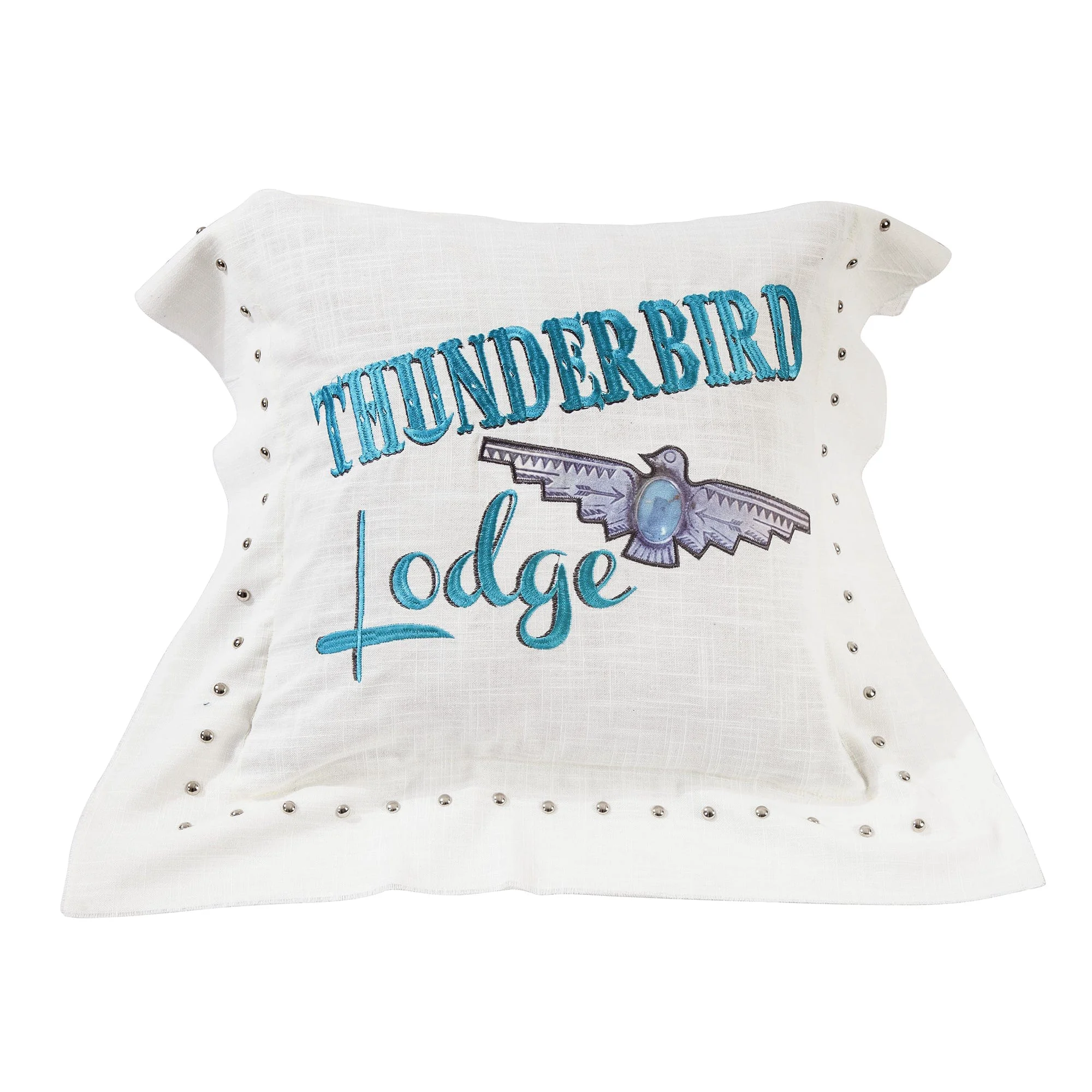 Functional Turquoise Embroidered quot Thunderbird Lodge quot Linen Pillow Dependable