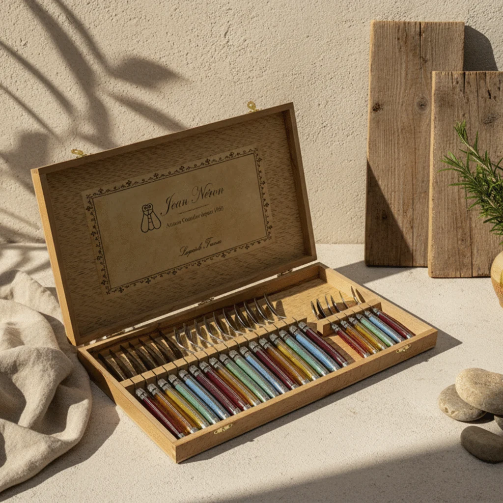 Elegant Laguiole 24 Piece Flatware Set Platine Rainbow in Wood Presentation Box Prestigious