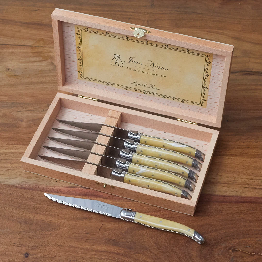Powerful Laguiole 6 Piece Steak Knife Set Platine Pale Horn in Wood Presentation Box Traditional