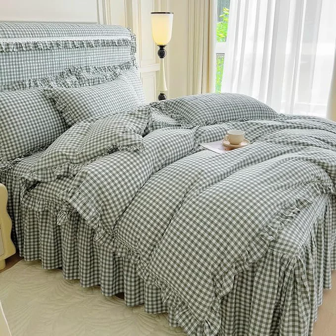 Casual mixinni Vintage Green Gingham Ruffle Comforter Set 3-Piece Washed Cotton Queen Size Grid Bedding Set with Geometric Checkered Pattern Farmhouse Chic Soft Fluffy Comforter for All-Season Fashionable