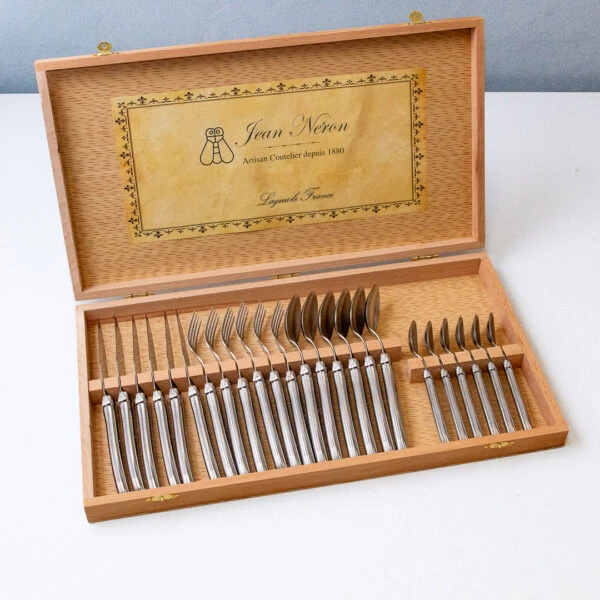 Premium Laguiole 24 Piece Flatware Set Platine Stainless Steel in Wood Presentation Box High-End