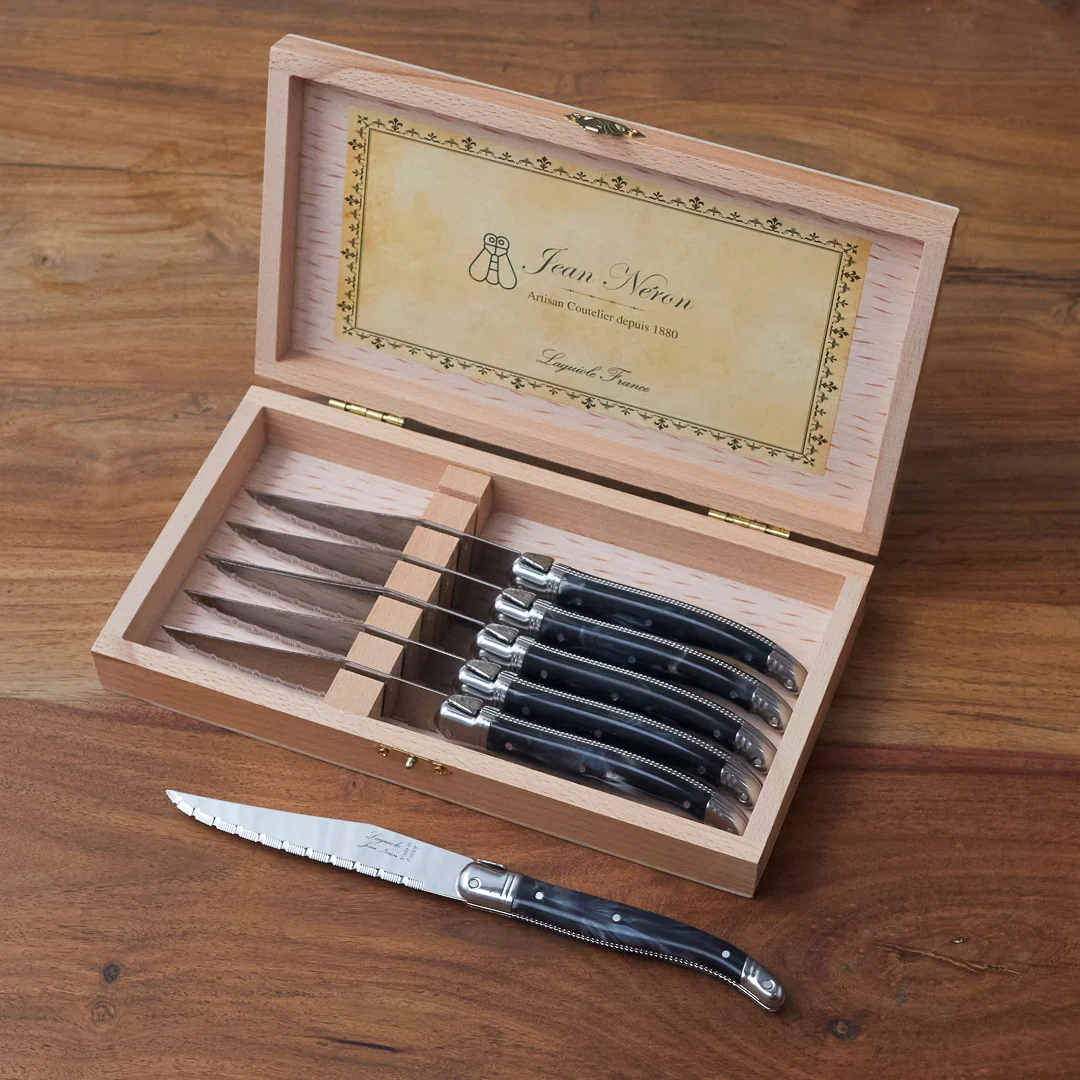 Solid Laguiole 6 Piece Steak Knife Set Platine Black Marble in Wood Presentation Box Official