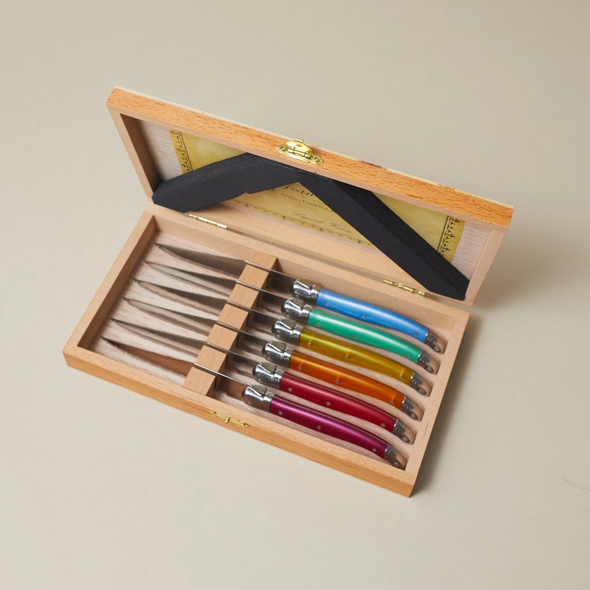 Breathable Laguiole 6 Piece Steak Knife Set Rainbow in Wood Presentation Box Sophisticated