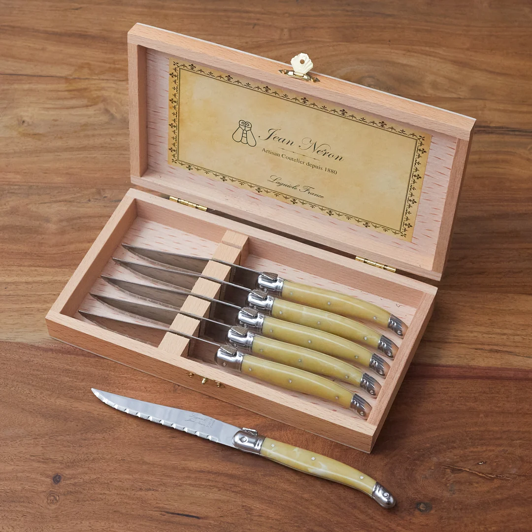 Smooth Laguiole 6 Piece Steak Knife Set Pale Horn in Wood Presentation Box Comfortable
