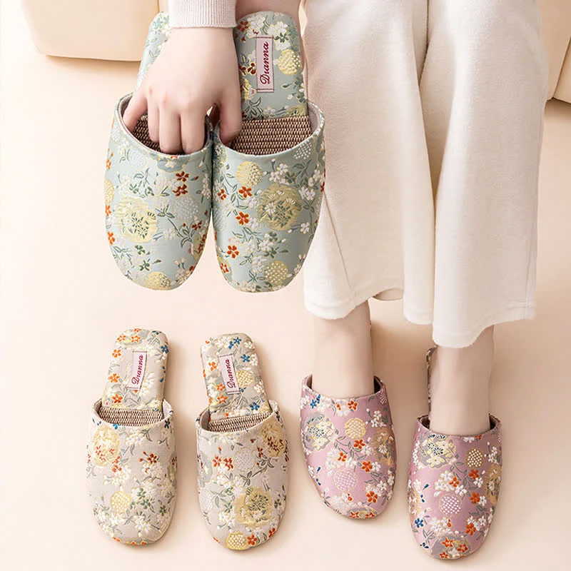 Quality Ownkoti Chinoiserie Embroidered Satin House Slippers Casual