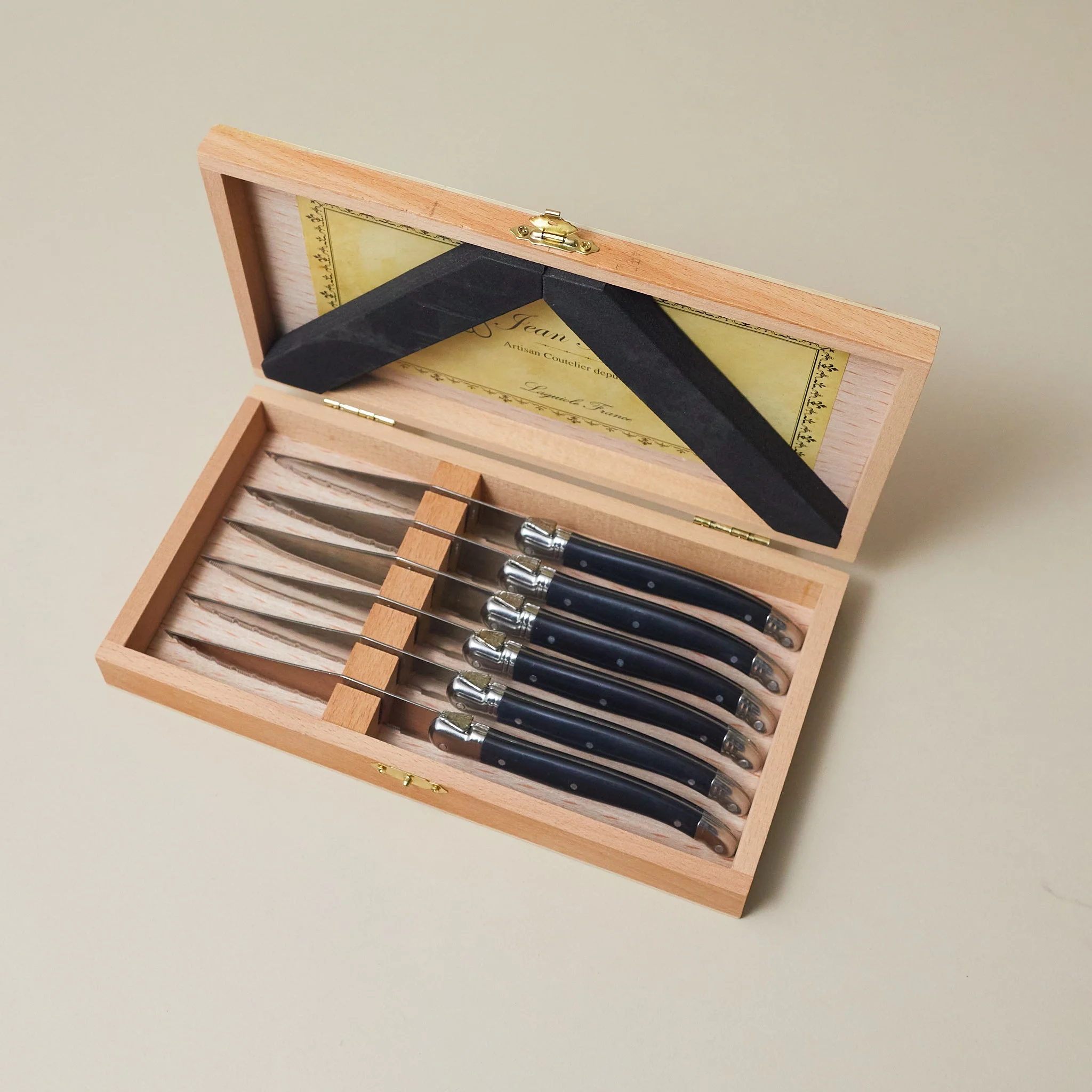 Original Laguiole 6 Piece Steak Knife Set Black in Wood Presentation Box Smooth