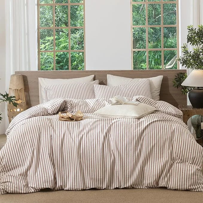 Exceptional MooMee Striped Duvet Cover Set Washed Cotton Linen Like Textured Breathable Durable Soft Comfy Orange Classic Stripes Cal King 104 quot x98 quot Eco-Friendly