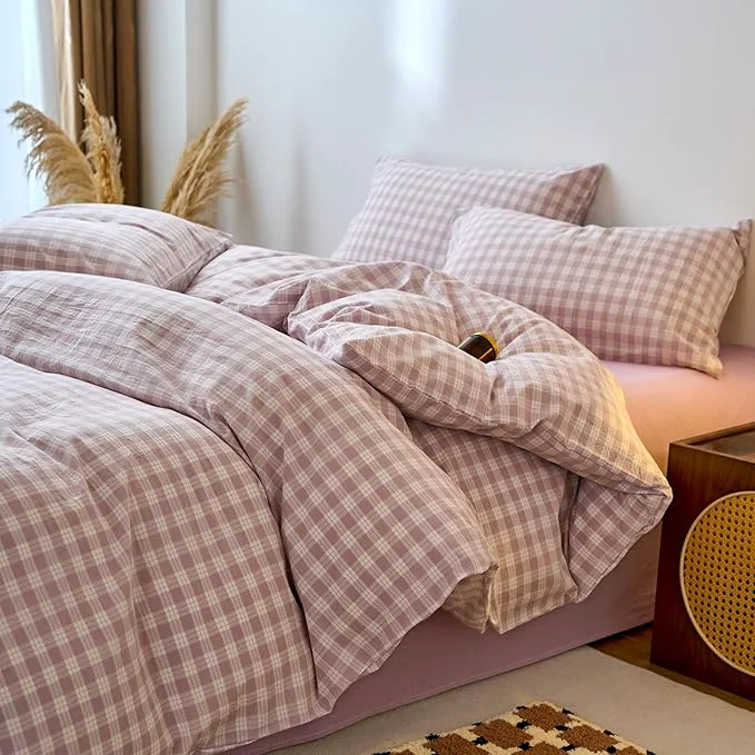 Sustainable EAVD Vintage Style Gingham Duvet Cover Full Purple White Soft Washed Cotton Chic Grid Checkered Bedding Set with 2 Pillowcases Farmhouse Purple Plaid Duvet Cover with Zipper Closure Safe