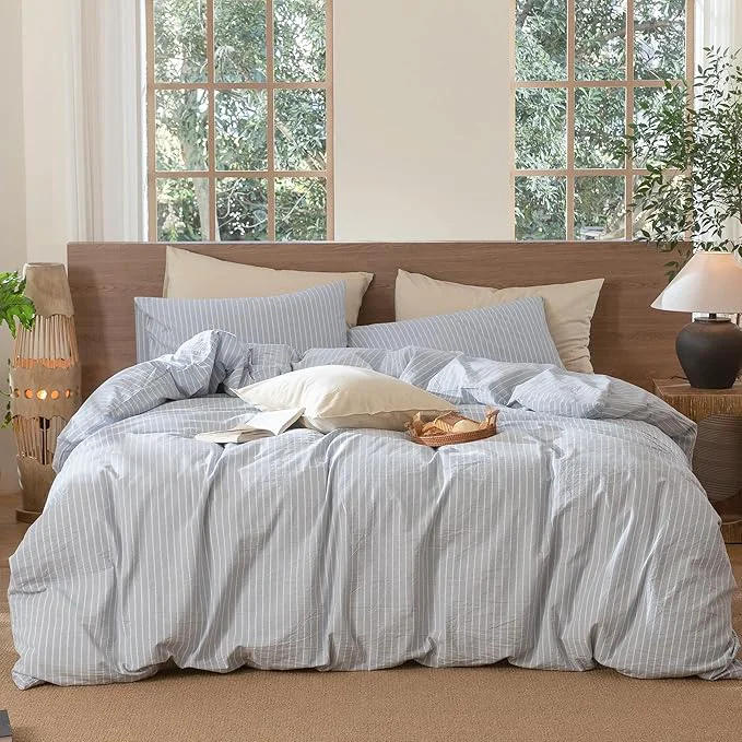 Carefully Designed MooMee Striped Duvet Cover Set Washed Cotton Linen Like Textured Breathable Durable Soft Comfy Cornflower Blue White Wide Stripes Super King 108 quot x98 quot Green