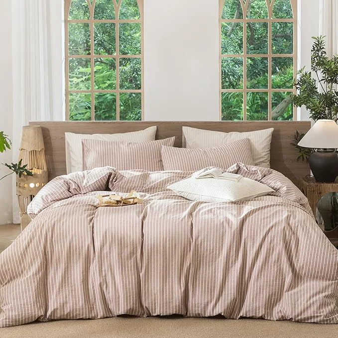 Elite MooMee Striped Duvet Cover Set Washed Cotton Linen Like Textured Breathable Durable Soft Comfy Orange White Wide Stripes Super Queen 90 quot x98 quot Organic