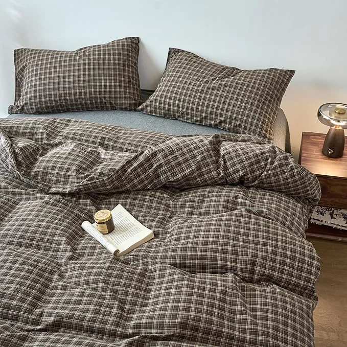 Enhanced EAVD Vintage Style Dark Grey Gingham Plaid Duvet Cover Twin Washed Cotton Like Linen Feel Soft 3-Piece Grid Plaid Bedding Set with 2 Pillowcases Reversible Geometric Duvet Cover with Zipper Exclusive