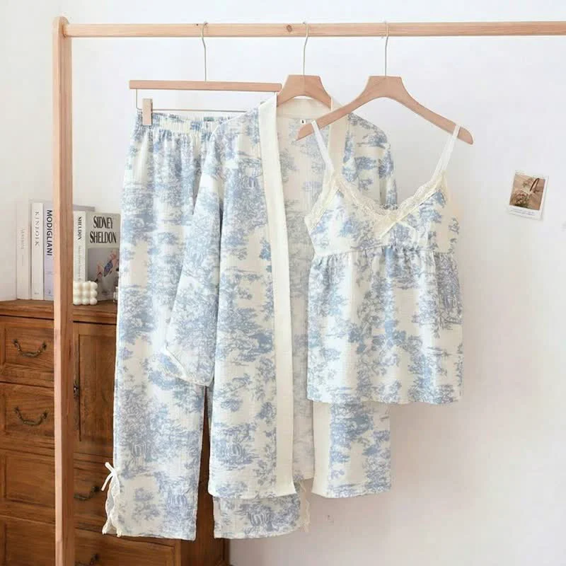 Trendy Ownkoti Ink Wash Landscape Lace Trim Pajamas 3PCS Premium Material