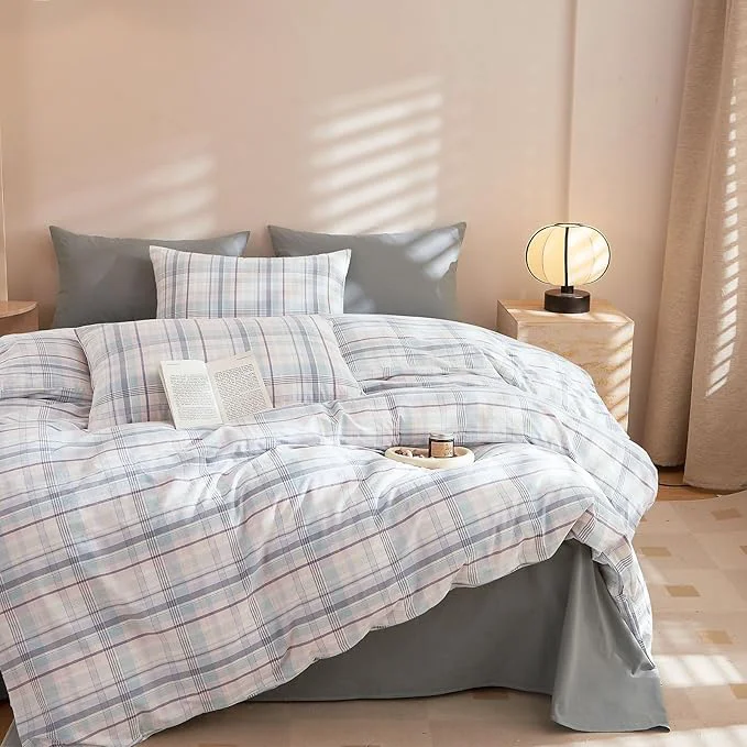 Fine EAVD Colorful Gingham Duvet Cover King Soft Washed Cotton Chic Grid Plaid Duvet Cover with 2 Pillowcases Modern Grid Checkered Bedding Set for Boys Girls Women Men Farmhouse Gingham Bedding Set Professional