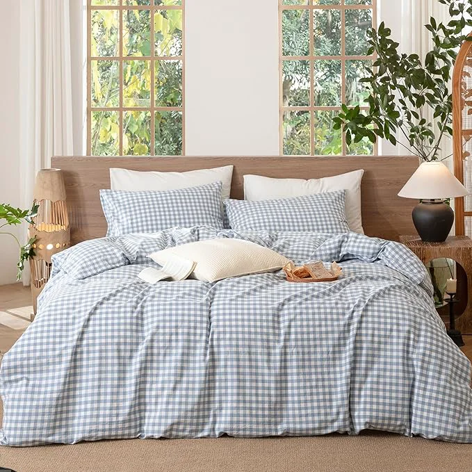 Detailed MooMee Gingham Duvet Cover Set Washed Cotton Linen Like Textured Breathable Durable Soft Comfy Modern Checkered Design Classic Gingham Cornflower Blue Cal King 104 quot x98 quot Practical