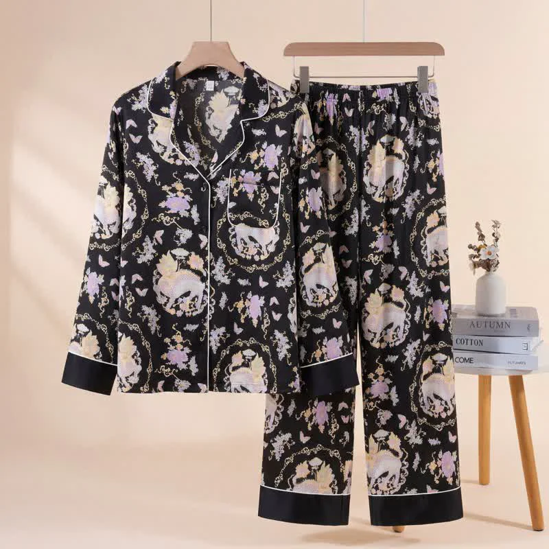 Luxury Ownkoti Oriental Mythical Qilin Print Pajama Set Easy-to-Use