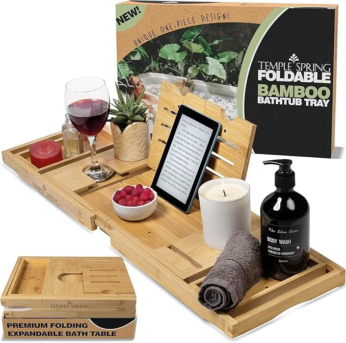 Easy-to-Use Temple Spring Foldable Bamboo Bathtub Tray Caddy Breathable