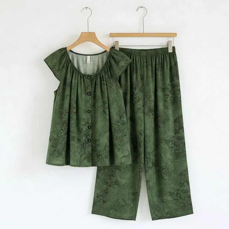 Trendy Ownkoti Green Floral Ruffle Sleeve Loungewear Set Responsible