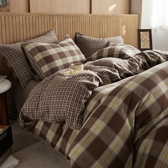 Eco-Friendly EAVD Vintage Yellow amp Brown Plaid Duvet Cover King Soft Muslin Cotton Retro Grid Checkered Plaid Bedding Set with 2 Pillowcases Farmhouse Reversible Gingham Duvet Cover with Zipper Closure Professional