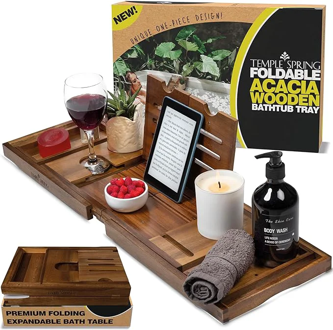 Trendy Temple Spring Foldable Bathtub Tray Unique Design Selfcare Bathroom Caddy Exceptional