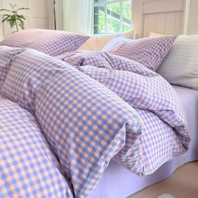 Green LifeTB Purple Gingham Comforter Queen Comforter Set Fluffy Soft Plaid Checkered Pattern Comforter Purple Pink Gingham Bedding Set Farmhouse Grid Plaid Comforter Set for All Seasons Queen Size Original Design