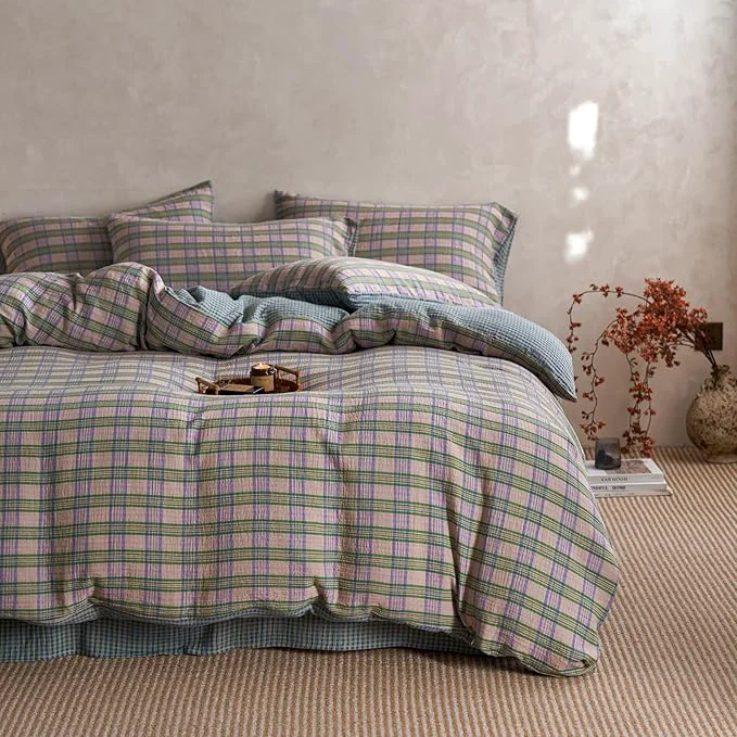 Authentic EAVD Vintage Style Pastel Pink Plaid Duvet Cover Set Twin Soft Cotton Muslin Retro Green amp Purple Grid Plaid Bedding Set with 2 Pillowcases Aesthetic Gingham Duvet Cover with Zipper Closure Organic