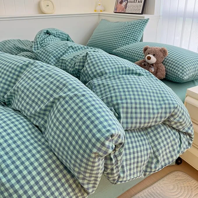 Classic LifeTB Green Gingham Comforter Set King 3 Pieces Plaid Checkered Pattern Comforter Green Blue Grid Bed Comforter Set with 2 Pillowcases Fluffy Soft Checkered Comforter Grid Farmhouse Bedding Set Outstanding