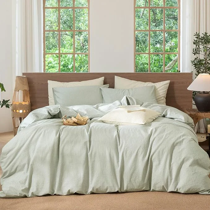 Reusable MooMee Striped Duvet Cover Set Washed Cotton Linen Like Textured Breathable Durable Soft Comfy Sage Green White Pinstripes Palatial King Oversized King 120 quot x98 quot Easy-to-Use