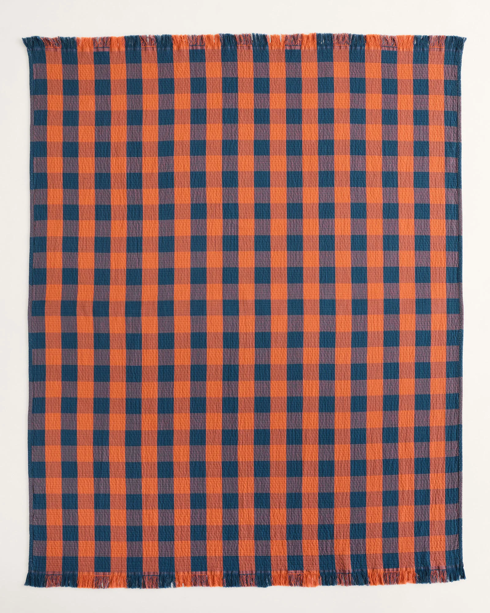 Block Plaid Organic Cotton Fringed Throw Copper Indigo High-Grade